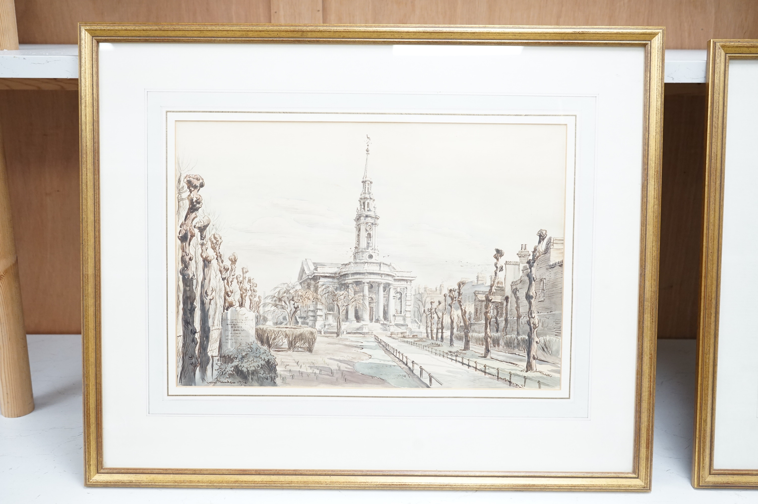 Dennis Flanders RBA RWS (1915-1994), two ink and watercolours, comprising: ‘St. Paul's Parish Church’ and ‘Deptford Town Hall and Newcross Road’, each signed and dated, largest 30 x 43cm. Condition - fair